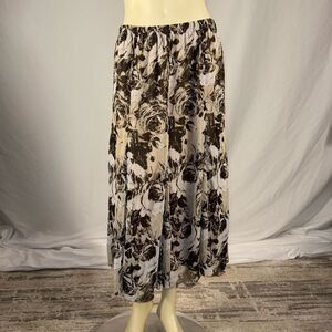 Cottagecore Whimsigoth Black and Tan Floral Rose Chiffon Midi Skirt Size 14